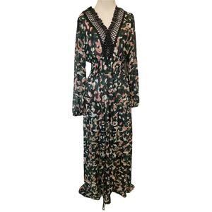 Laurèl by Escada Camo Maxi Dress Women's Small Green Pink Smocked Crochet Lace